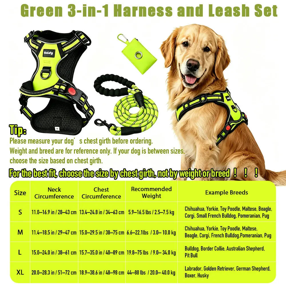 Helety 3-in-1 No-Pull Dog Harness & Leash Set – Dual D-Ring, Locking Buckles, Reflective, Adjustable S-XL, Built-In Poop Bag Holder