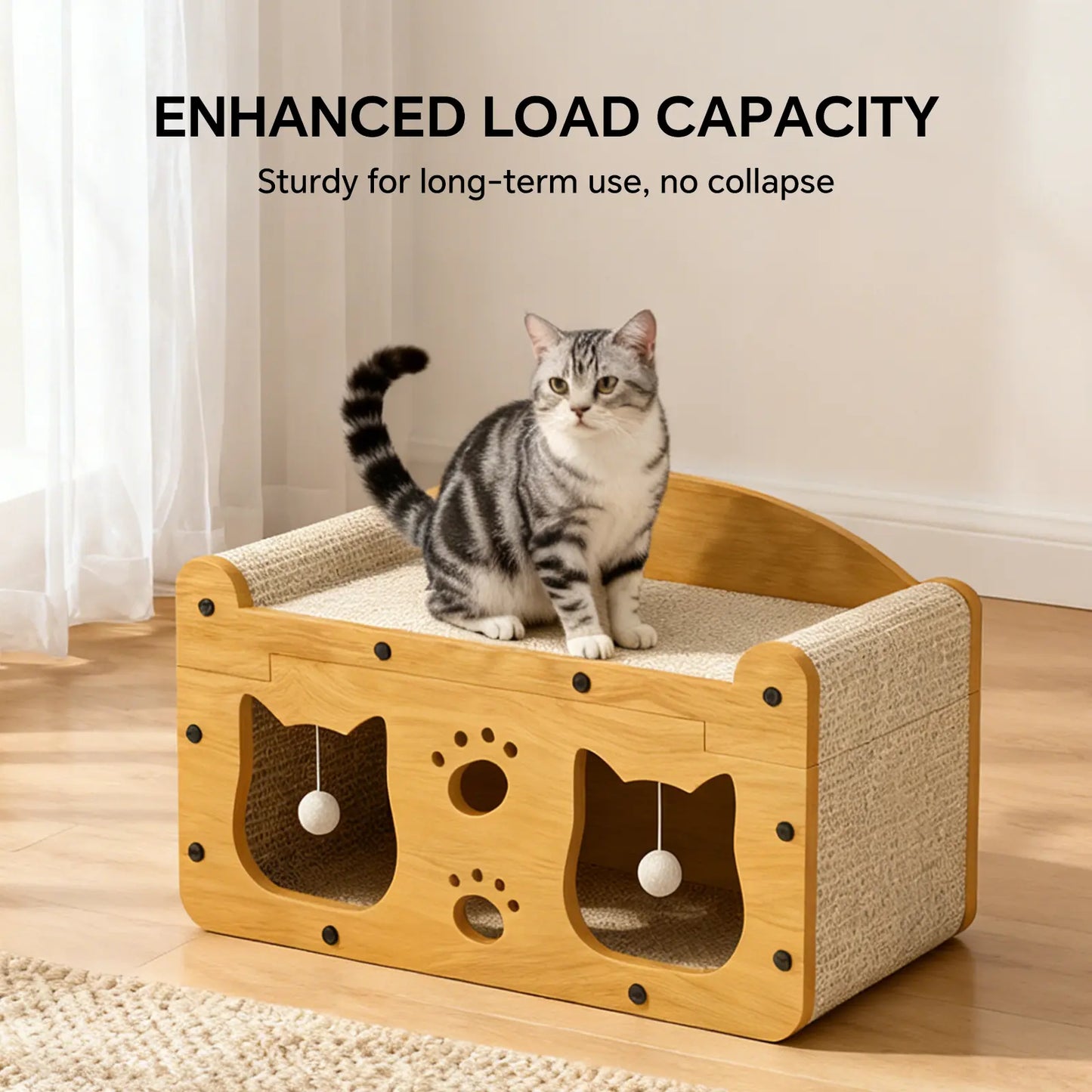 Compact Wooden Base Cat Furniture with Geometric Design, Detachable Components, Durable Construction, Spacious Bed, Indoor Scratching Surfaces, and Interactive Ball Toy