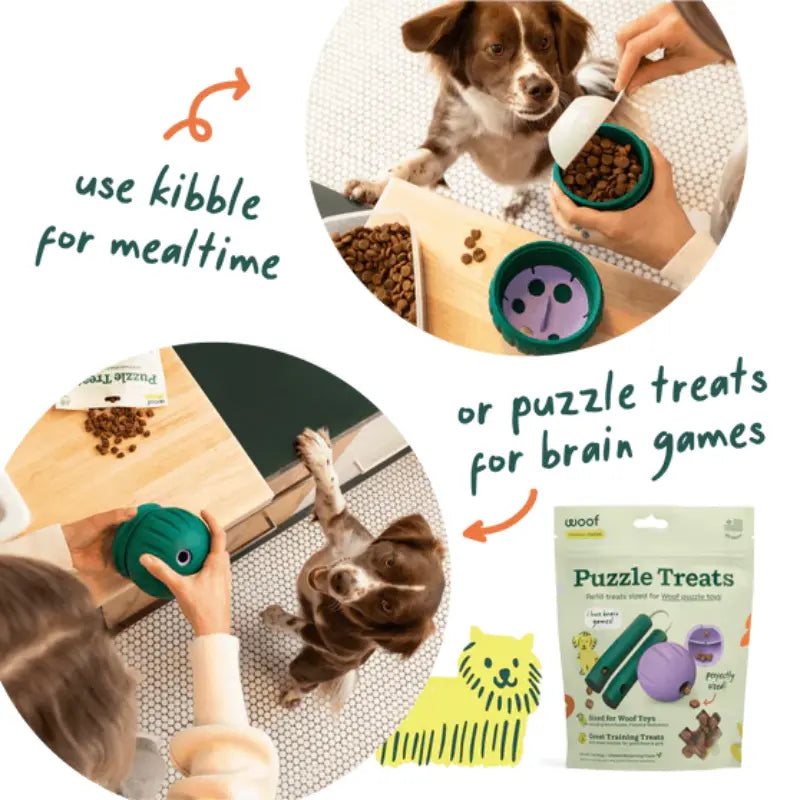 Woof Walkabout Dog Puzzle Toy β 2-in-1 Rolling Slow Feeder & Treat Dispenser, Adjustable Difficulty, Durable Rubber, Dishwasher-Safe
