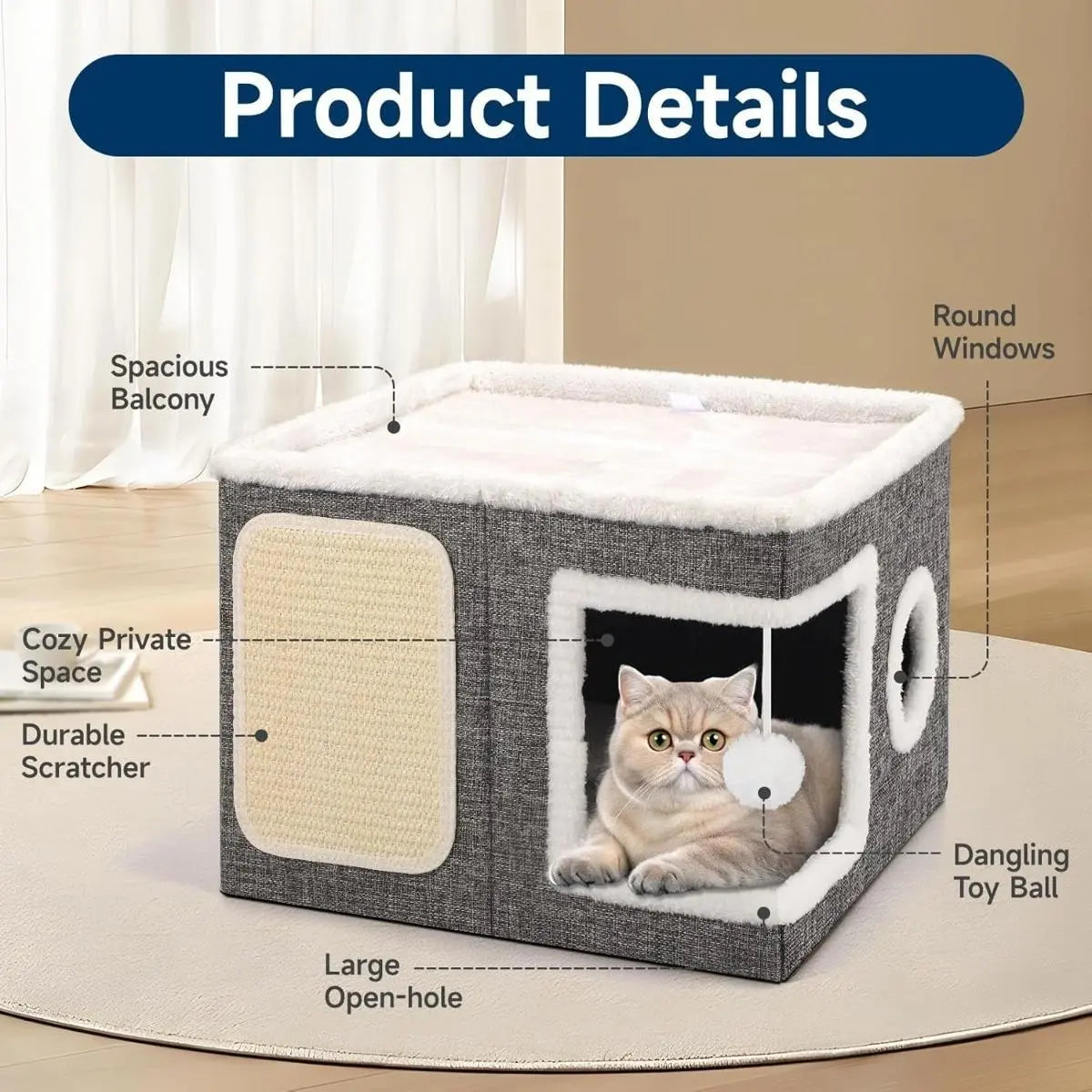 Large Cat Cave Bed with Scratch Pad & Toy Ball β Plush Foldable Cat House for Indoor Cats, Calming Hideaway Condo, Washable
