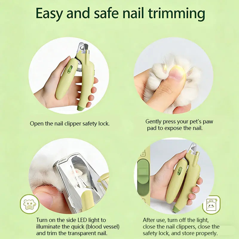 Pet Nail Trimmer with LED Light & UV Lamp – Safe Precision Clippers with Nail File, Collector Box, Non-Slip Handle for Dogs & Cats, All Sizes