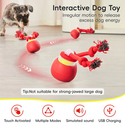 Potaroma Interactive Rolling Ball Dog Toy – USB Rechargeable Motion-Activated Ball with Chew Rope, 3 Play Modes for Puppies & Small/Medium Dogs