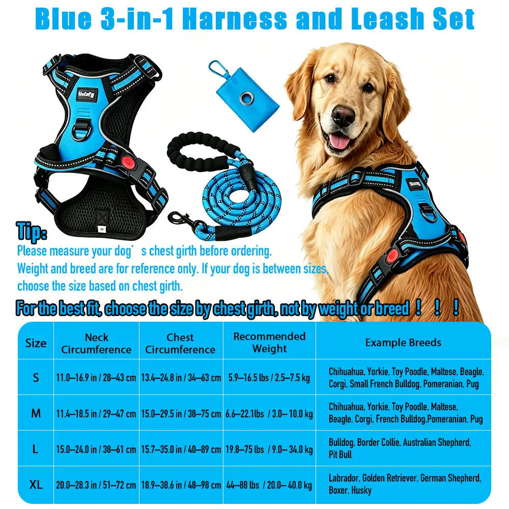 Helety 3-in-1 No-Pull Dog Harness & Leash Set – Dual D-Ring, Locking Buckles, Reflective, Adjustable S-XL, Built-In Poop Bag Holder