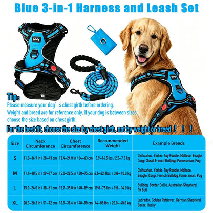 Helety 3-in-1 No-Pull Dog Harness & Leash Set – Dual D-Ring, Locking Buckles, Reflective, Adjustable S-XL, Built-In Poop Bag Holder