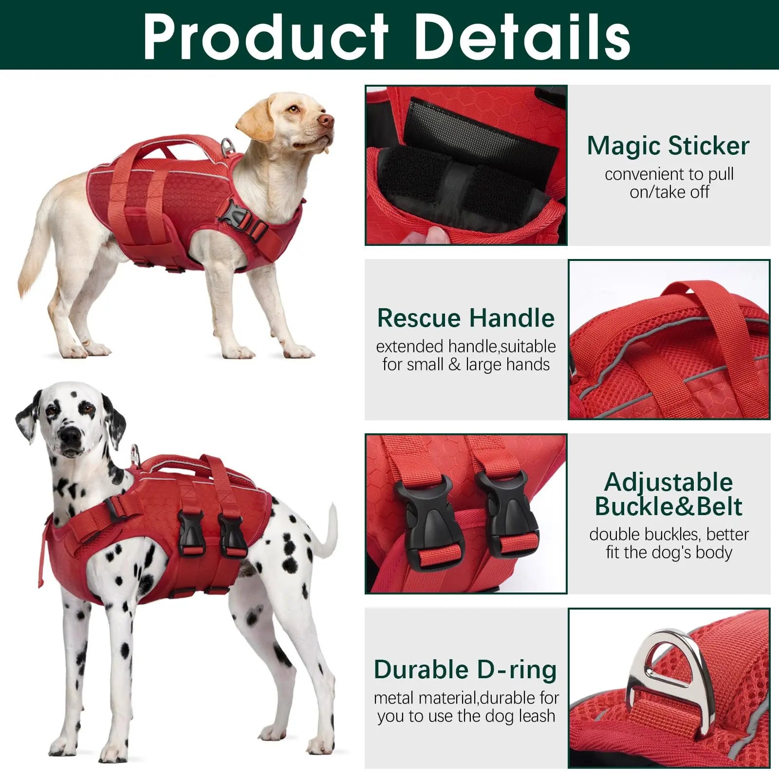 Kuoser Dog Life Jacket – High Buoyancy Reflective Pet Life Vest with Rescue Handle, Adjustable for Small, Medium & Large Dogs, Swimming & Boating