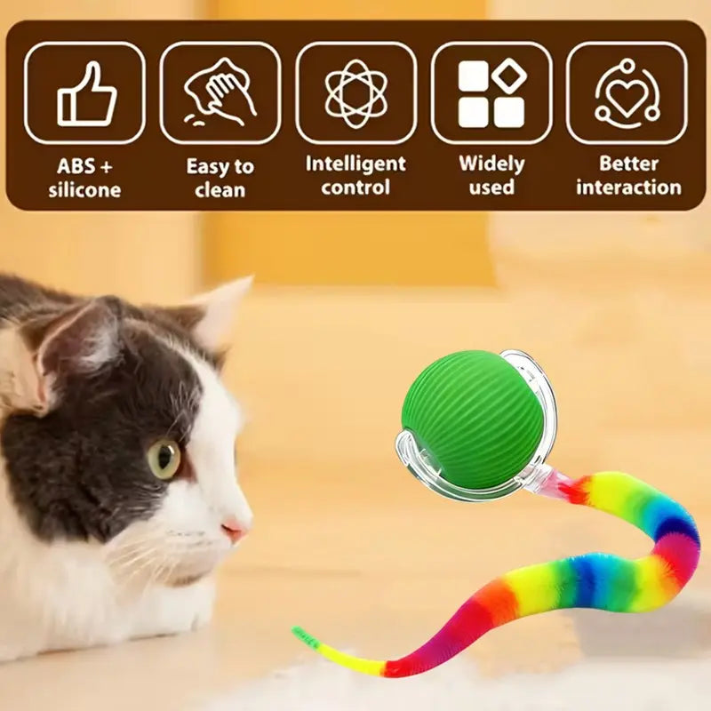 Smart Automatic Rolling Ball Cat Toy – USB Rechargeable Interactive Toy with Obstacle Avoidance & Colorful Plush Tail for Cats & Dogs