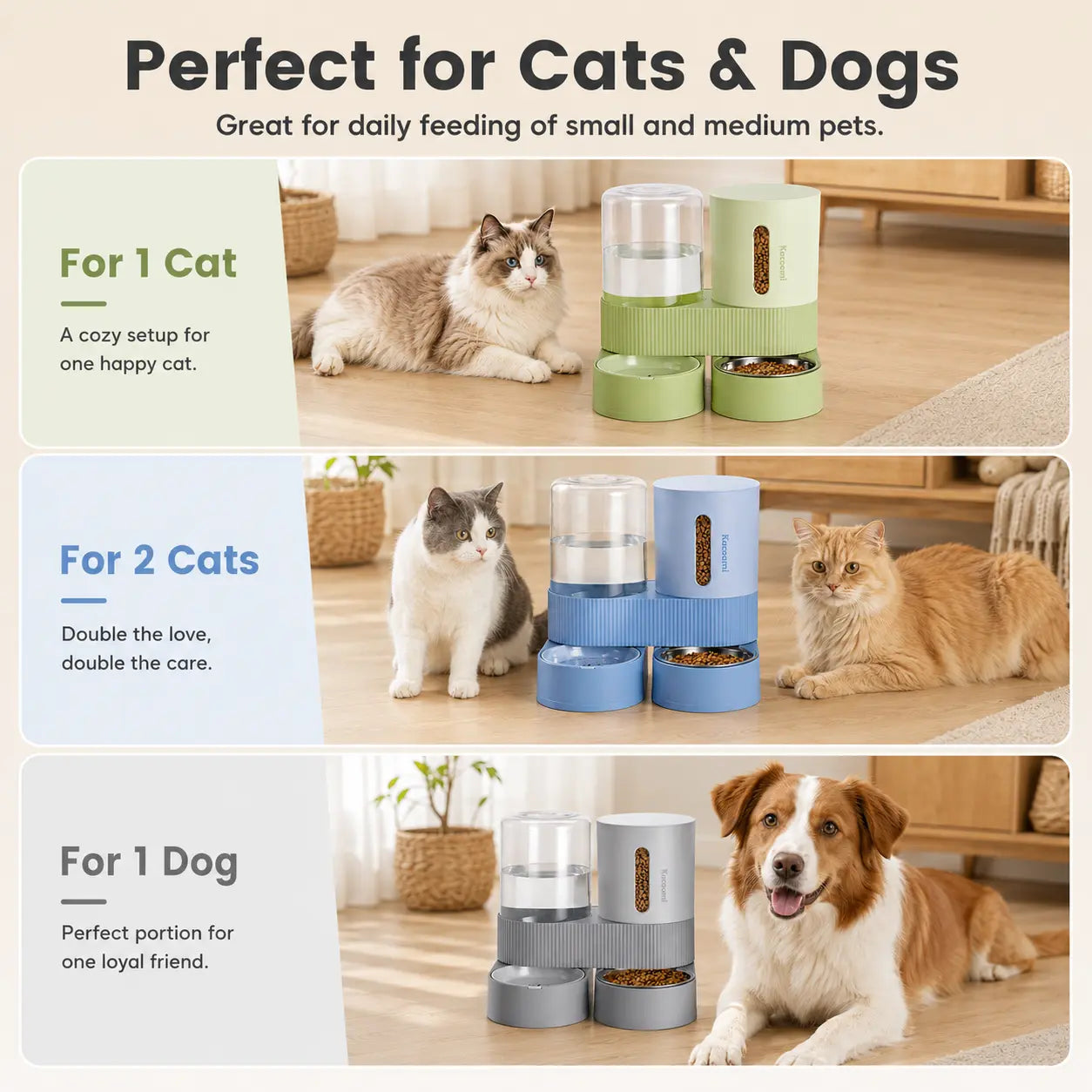 Kacoomi Gravity Feeder & Water Dispenser Set – Large Capacity Automatic Pet Feeder with Stainless Steel Bowl for Cats & Small Dogs, 2-Pack