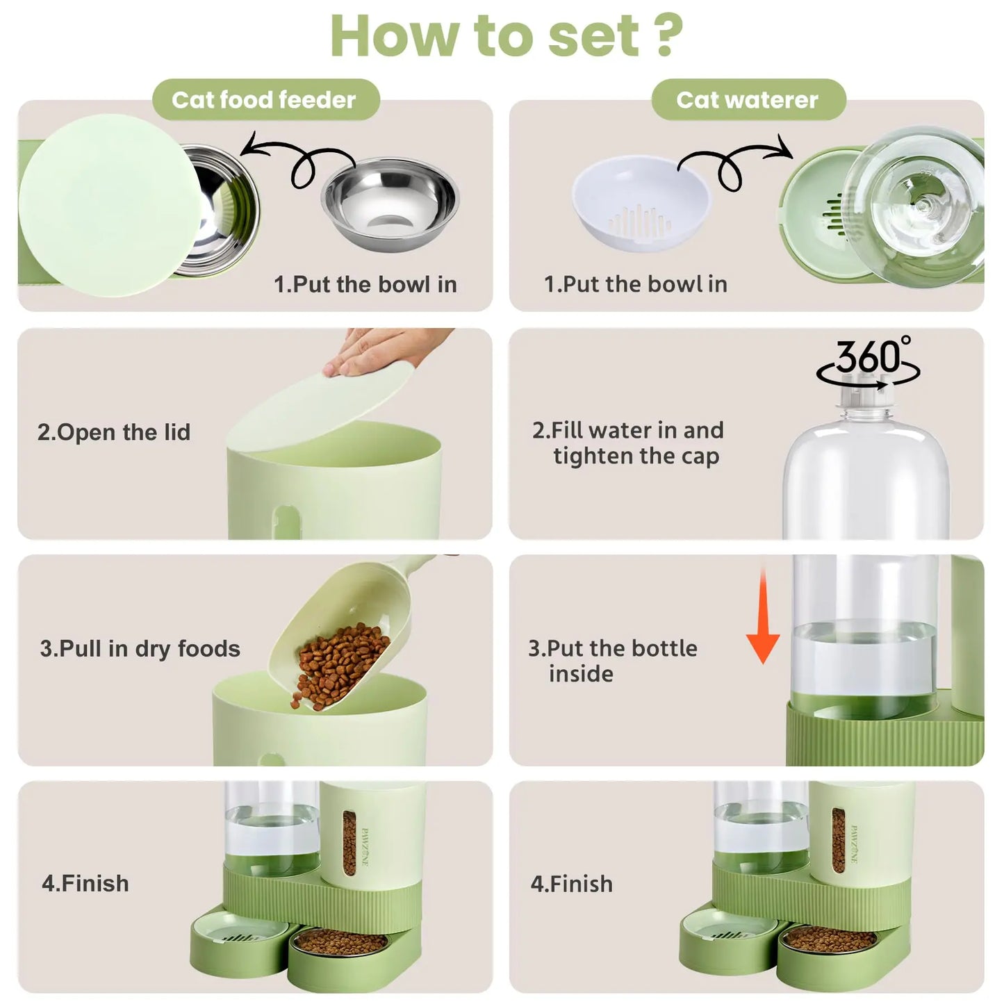 Kacoomi Gravity Feeder & Water Dispenser Set – Large Capacity Automatic Pet Feeder with Stainless Steel Bowl for Cats & Small Dogs, 2-Pack