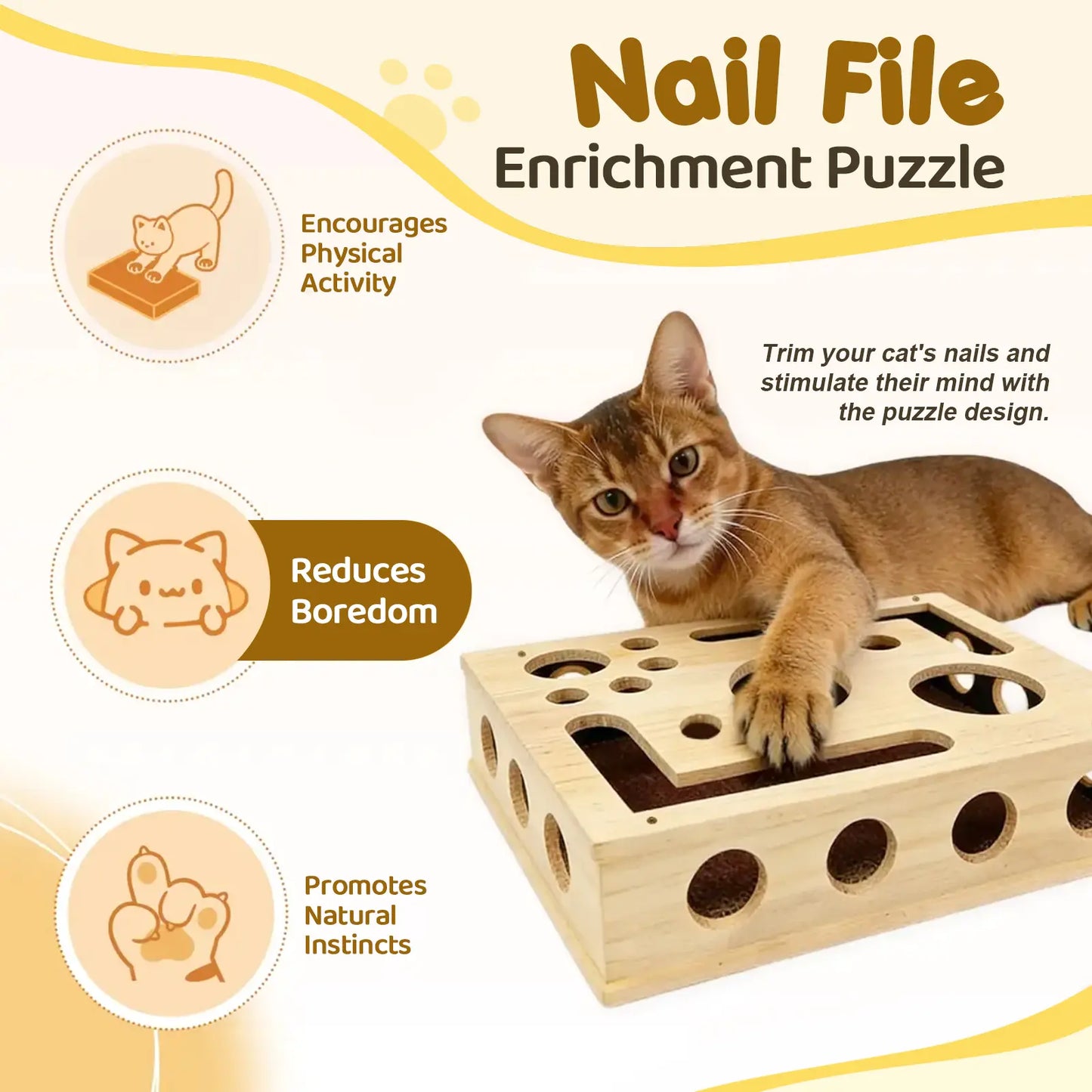 Oak Wood Cat Nail File Box – Stress-Free Nail Care & Interactive Scratch Toy, Furniture Protector for Indoor Cats