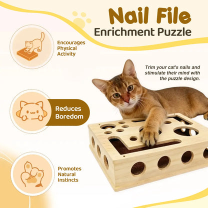 Oak Wood Cat Nail File Box – Stress-Free Nail Care & Interactive Scratch Toy, Furniture Protector for Indoor Cats