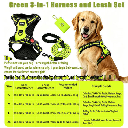 Helety 3-in-1 No-Pull Dog Harness & Leash Set – Dual D-Ring, Locking Buckles, Reflective, Adjustable S-XL, Built-In Poop Bag Holder