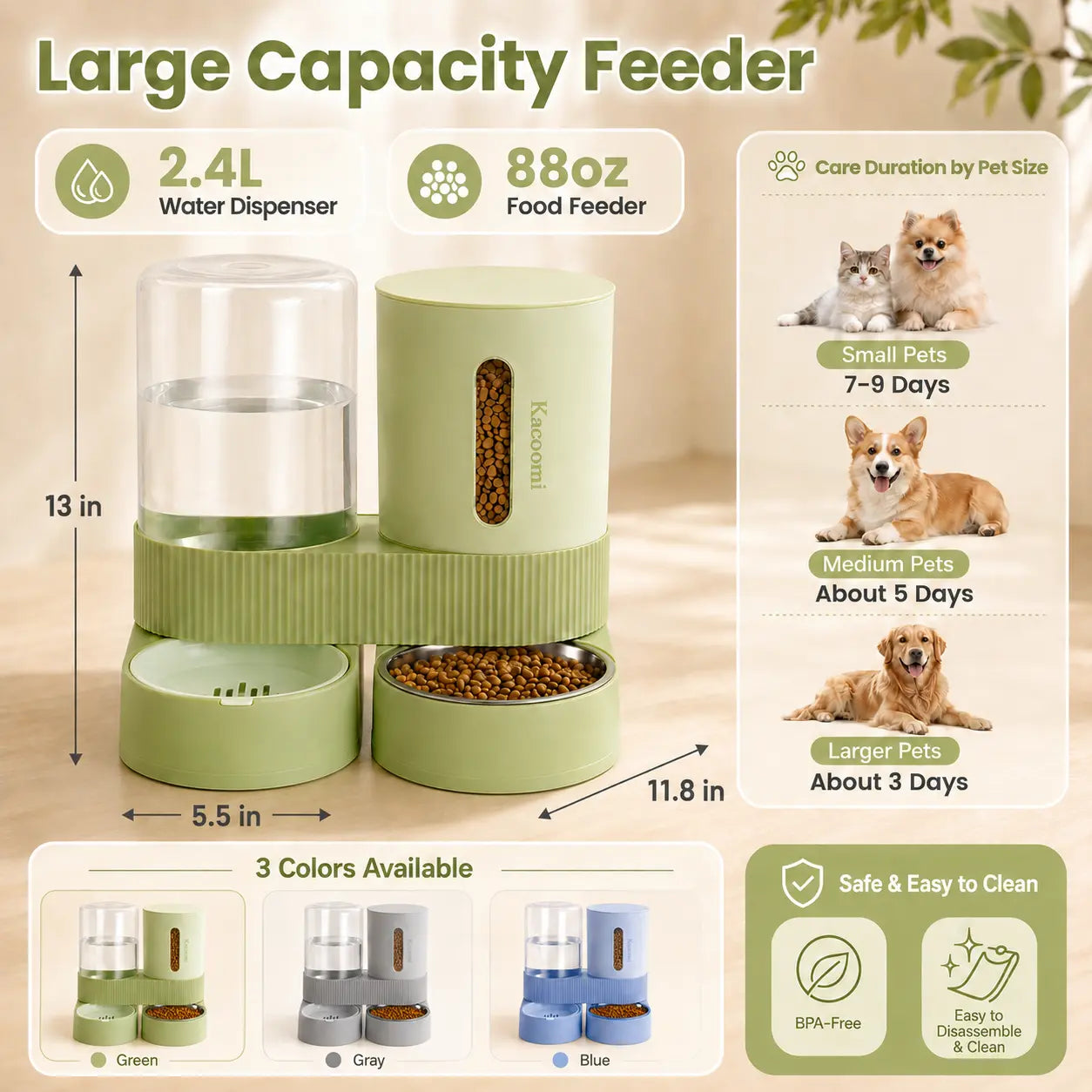 Kacoomi Gravity Feeder & Water Dispenser Set – Large Capacity Automatic Pet Feeder with Stainless Steel Bowl for Cats & Small Dogs, 2-Pack