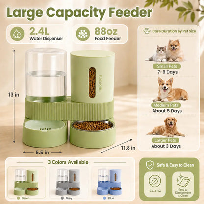 Kacoomi Gravity Feeder & Water Dispenser Set – Large Capacity Automatic Pet Feeder with Stainless Steel Bowl for Cats & Small Dogs, 2-Pack