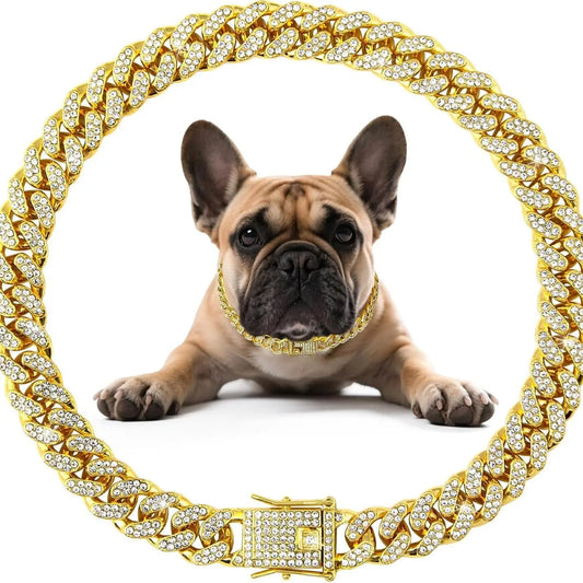 Diamond Cuban Chain Dog Collar – Bling Metal Necklace for Small, Medium & Large Dogs & Cats, Secure Buckle, Gift-Ready