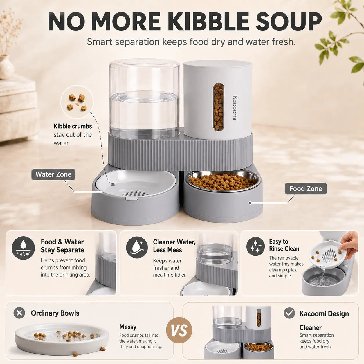 Kacoomi Gravity Feeder & Water Dispenser Set – Large Capacity Automatic Pet Feeder with Stainless Steel Bowl for Cats & Small Dogs, 2-Pack