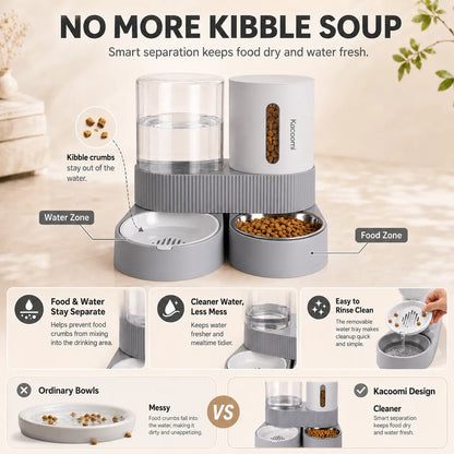 Kacoomi Gravity Feeder & Water Dispenser Set – Large Capacity Automatic Pet Feeder with Stainless Steel Bowl for Cats & Small Dogs, 2-Pack