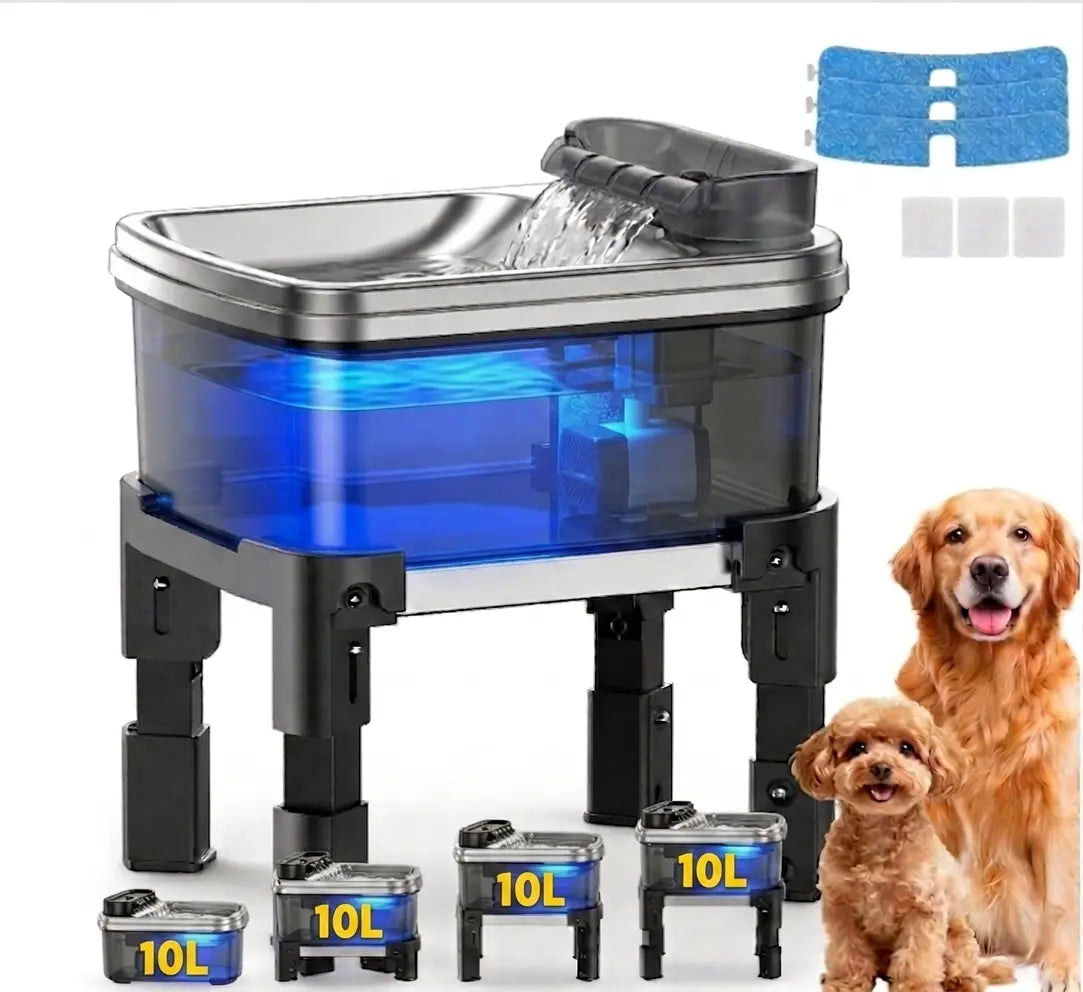Height Adjustable Pet Water Fountain – 10L Stainless Steel Elevated Dog & Cat Water Dispenser with Filter, 4-Level Height, Ultra-Quiet, No-Spill