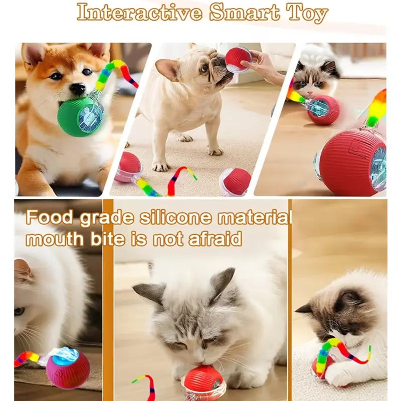 Smart Automatic Rolling Ball Cat Toy – USB Rechargeable Interactive Toy with Obstacle Avoidance & Colorful Plush Tail for Cats & Dogs