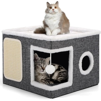 Large Cat Cave Bed with Scratch Pad & Toy Ball – Plush Foldable Cat House for Indoor Cats, Calming Hideaway Condo, Washable
