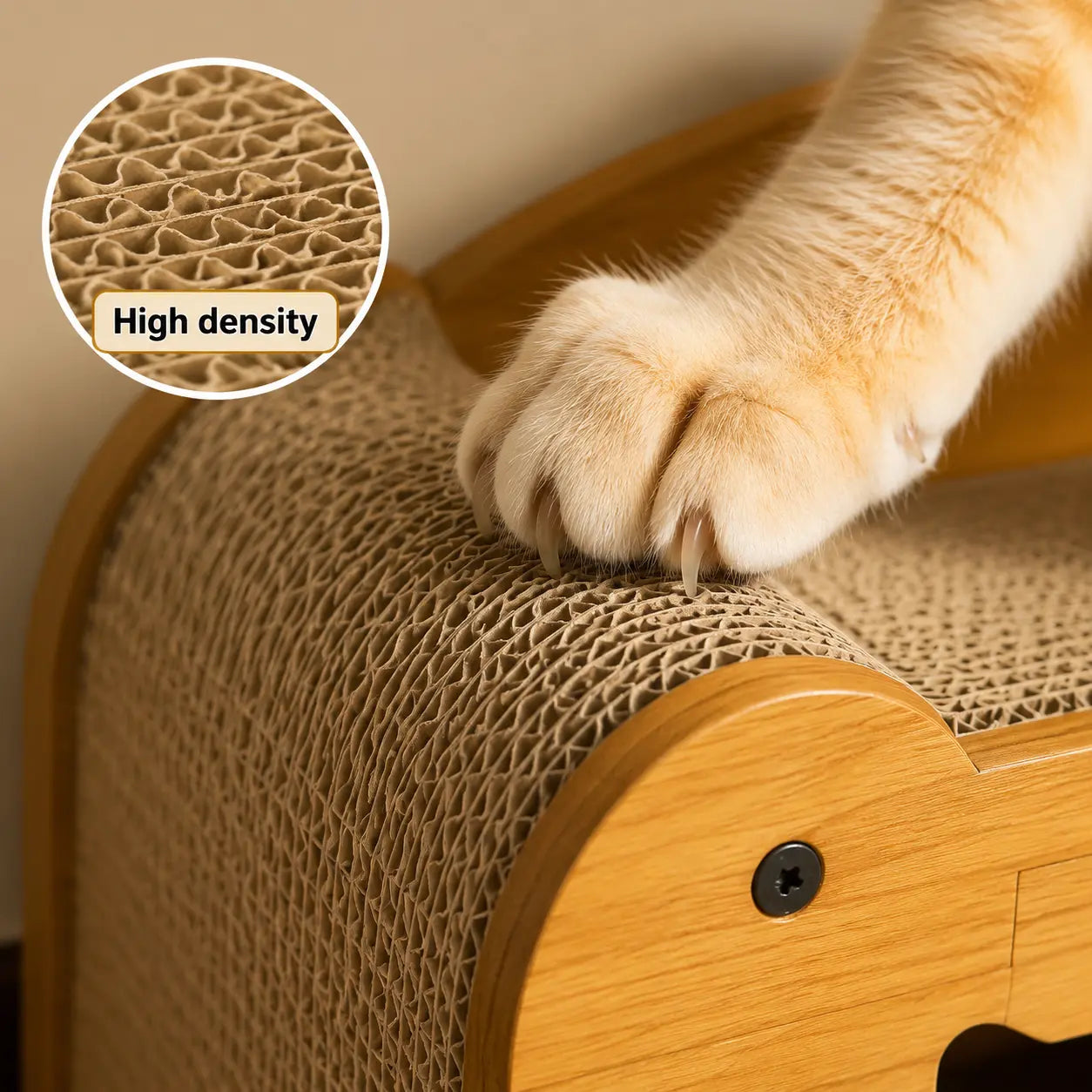 Compact Wooden Base Cat Furniture with Geometric Design, Detachable Components, Durable Construction, Spacious Bed, Indoor Scratching Surfaces, and Interactive Ball Toy