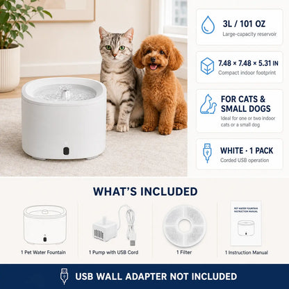 Fluffino 3L Cat Water Fountain – Quiet USB Powered Pet Fountain with Continuous Flow, Large Capacity, Easy to Clean, White