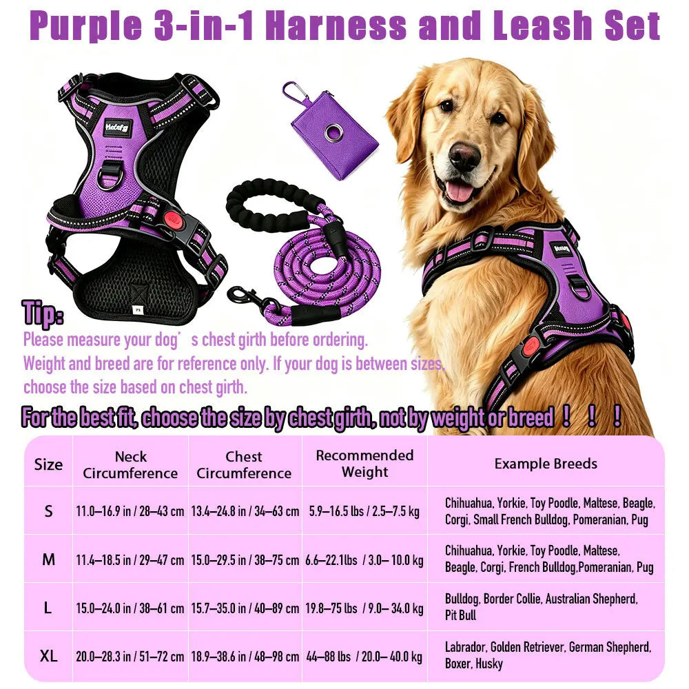 Helety 3-in-1 No-Pull Dog Harness & Leash Set – Dual D-Ring, Locking Buckles, Reflective, Adjustable S-XL, Built-In Poop Bag Holder