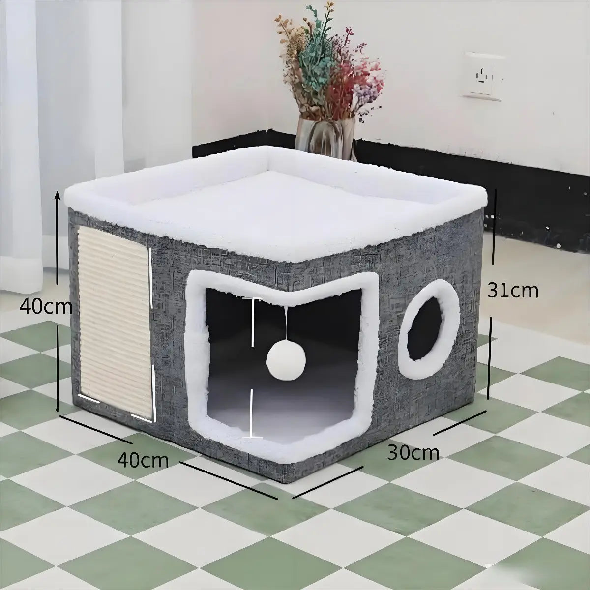 Large Cat Cave Bed with Scratch Pad & Toy Ball – Plush Foldable Cat House for Indoor Cats, Calming Hideaway Condo, Washable