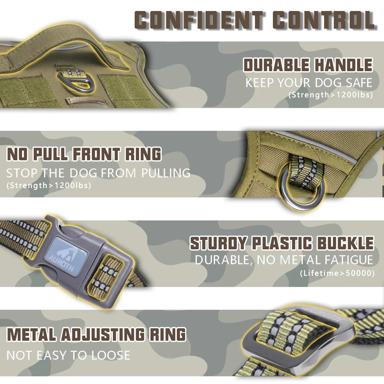 Auroth Tactical Dog Harness & 6FT Leash Set – No-Pull Training Vest with MOLLE Gear System, Heavy Duty for Small to Large Dogs, Camo