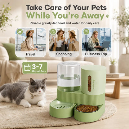 Kacoomi Gravity Feeder & Water Dispenser Set – Large Capacity Automatic Pet Feeder with Stainless Steel Bowl for Cats & Small Dogs, 2-Pack