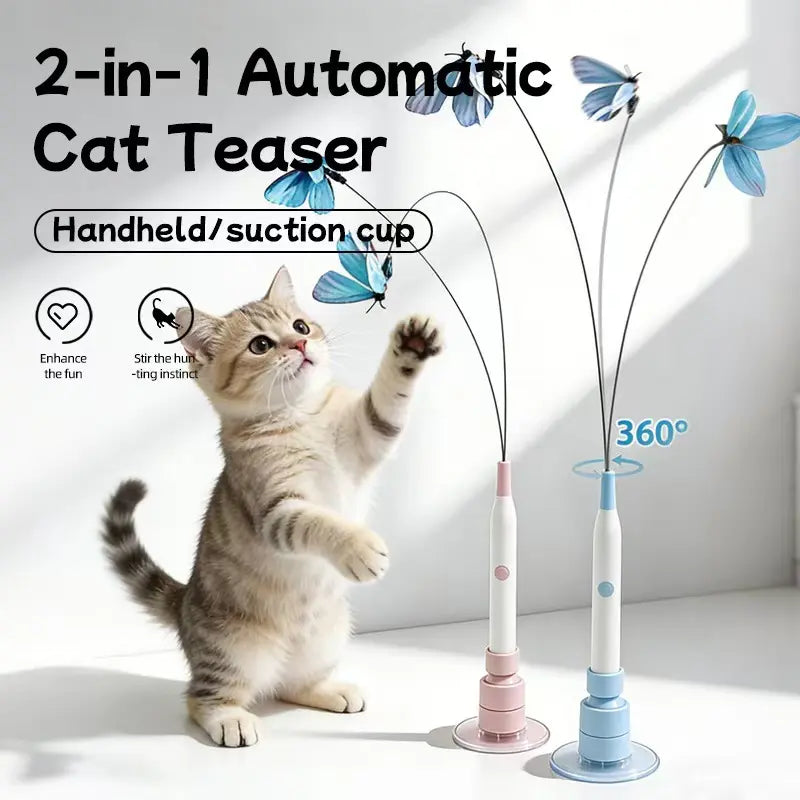 Automatic Butterfly Cat Toy – USB Rechargeable, 360° Spin Interactive Wand with Suction Base, Self-Play & Handheld Modes for Indoor Cats