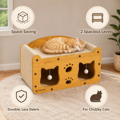 Compact Wooden Base Cat Furniture with Geometric Design, Detachable Components, Durable Construction, Spacious Bed, Indoor Scratching Surfaces, and Interactive Ball Toy