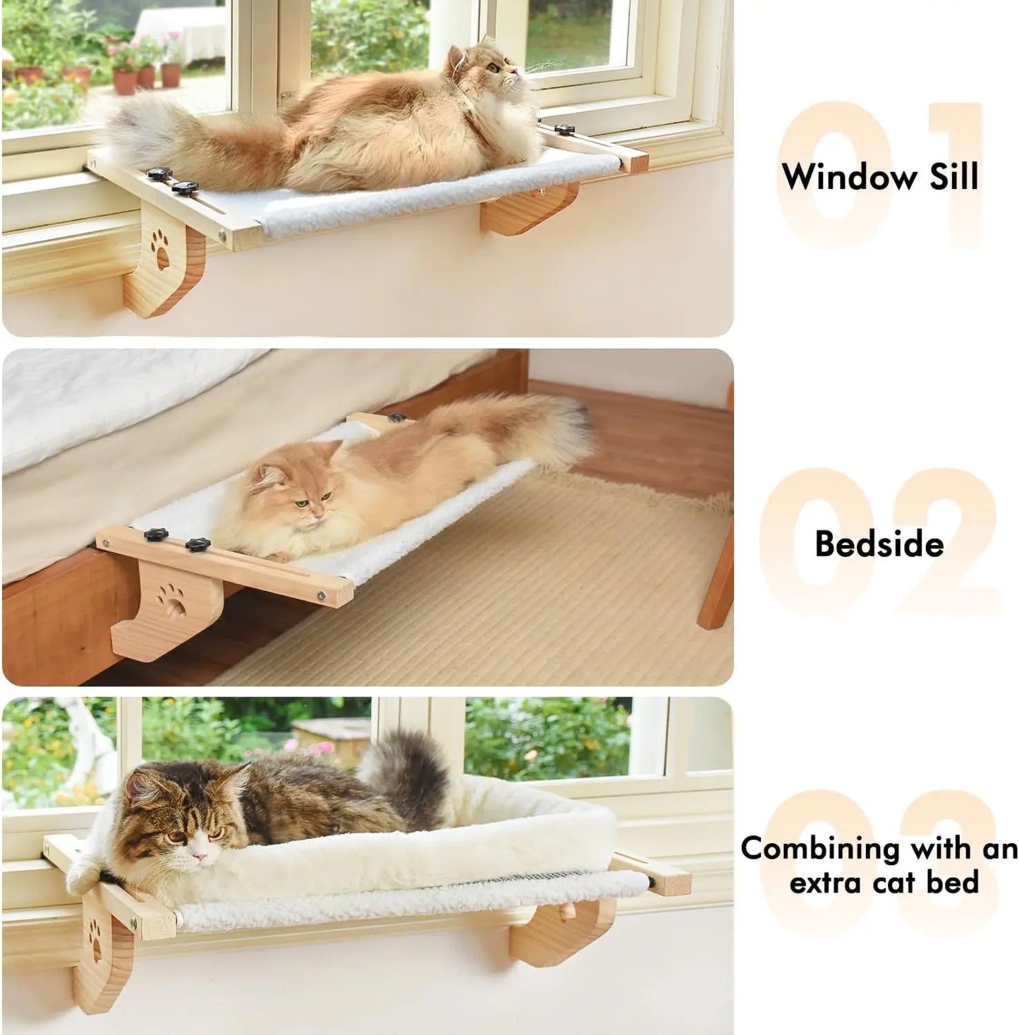 Petwhole Cat Window Perch – Sturdy Wood & Metal Window Sill Bed for Cats & Kittens, Foldable & Adjustable, Universal Fit, Sunbathing Bed