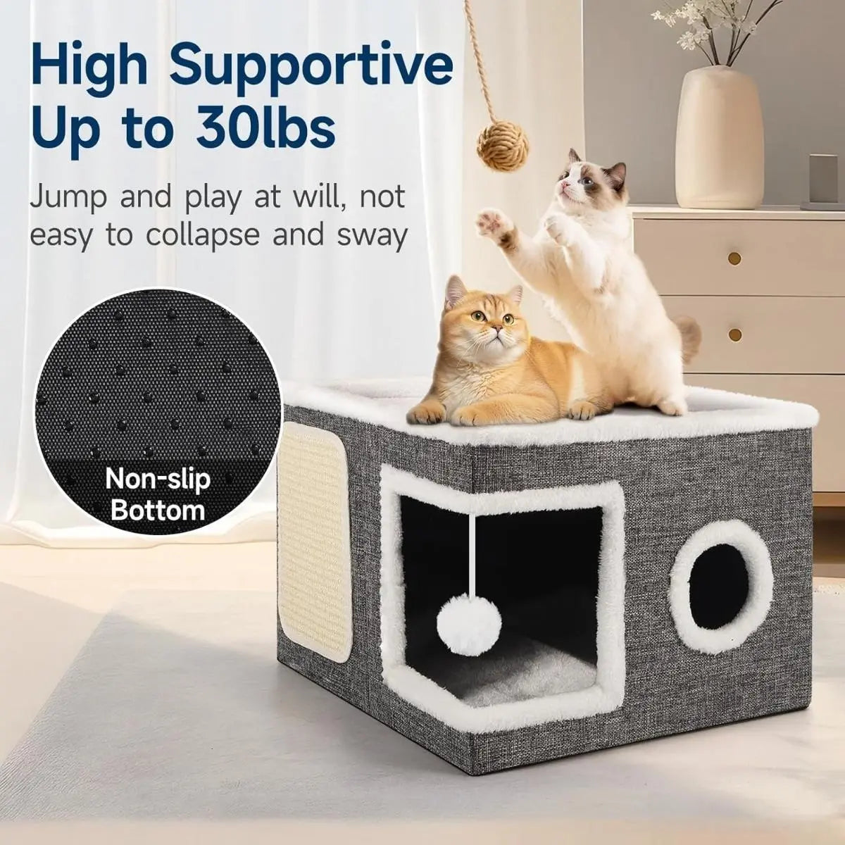 Large Cat Cave Bed with Scratch Pad & Toy Ball – Plush Foldable Cat House for Indoor Cats, Calming Hideaway Condo, Washable