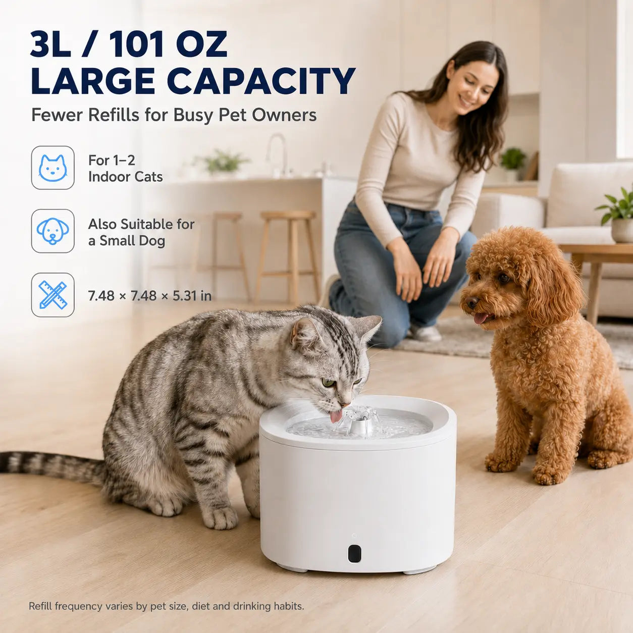 Fluffino 3L Cat Water Fountain – Quiet USB Powered Pet Fountain with Continuous Flow, Large Capacity, Easy to Clean, White
