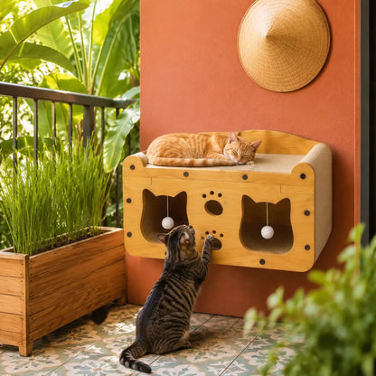 Compact Wooden Base Cat Furniture with Geometric Design, Detachable Components, Durable Construction, Spacious Bed, Indoor Scratching Surfaces, and Interactive Ball Toy