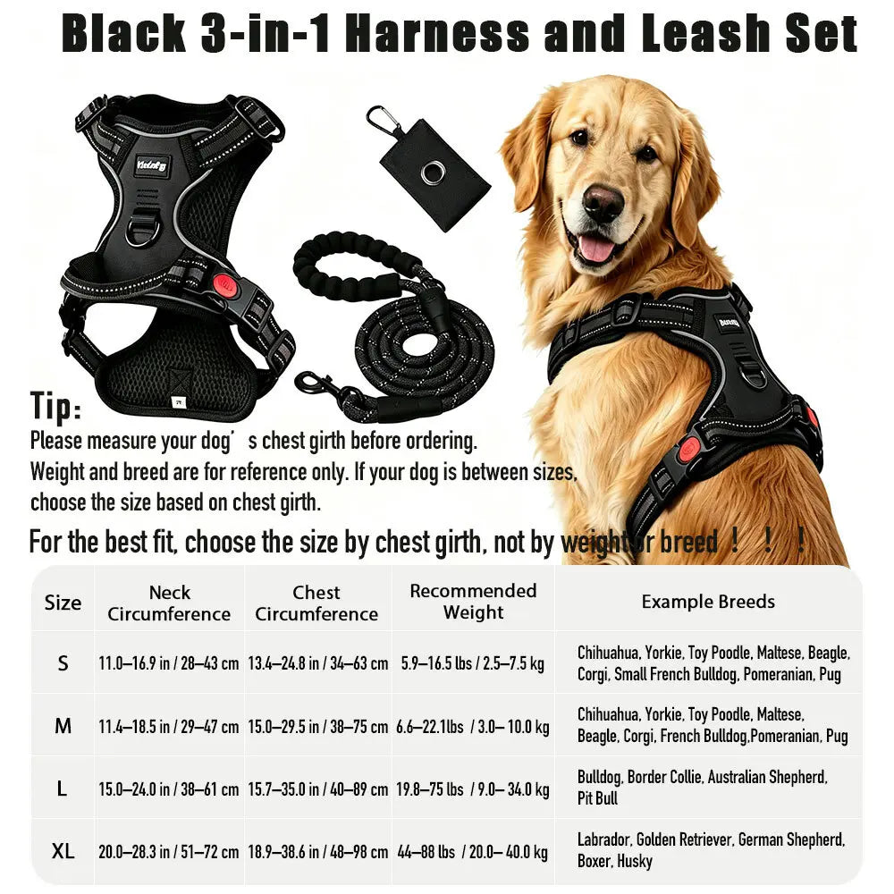 Helety 3-in-1 No-Pull Dog Harness & Leash Set – Dual D-Ring, Locking Buckles, Reflective, Adjustable S-XL, Built-In Poop Bag Holder