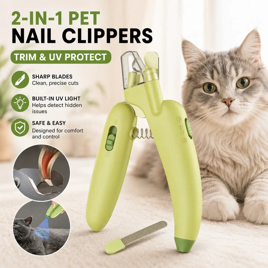Pet Nail Trimmer with LED Light & UV Lamp – Safe Precision Clippers with Nail File, Collector Box, Non-Slip Handle for Dogs & Cats, All Sizes