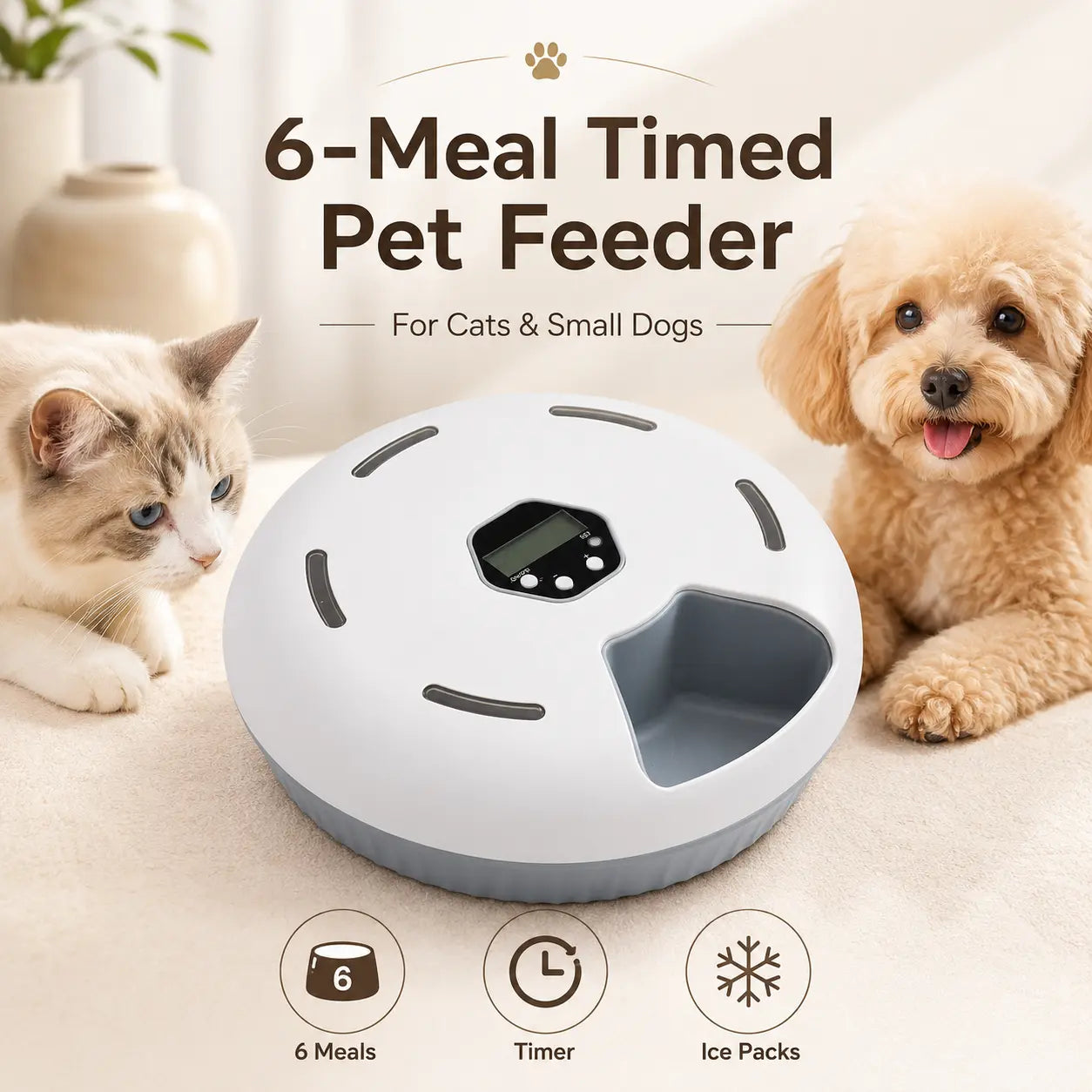 Timed Automatic Cat Feeder with 6 Meals - Indoor Detachable Rotating Dispenser for Wet and Dry Food, Includes Ice Packs, Battery Operated for Kittens and Small Dogs, White