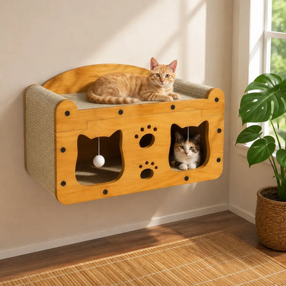 Compact Wooden Base Cat Furniture with Geometric Design, Detachable Components, Durable Construction, Spacious Bed, Indoor Scratching Surfaces, and Interactive Ball Toy