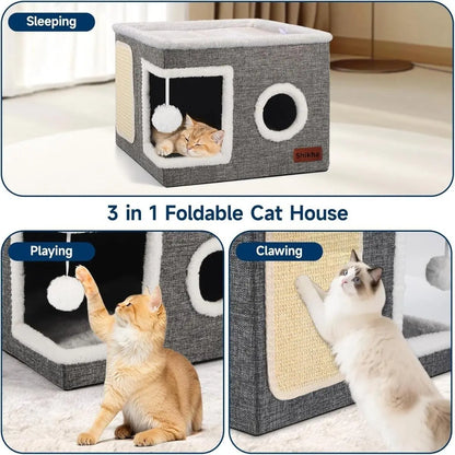 Large Cat Cave Bed with Scratch Pad & Toy Ball – Plush Foldable Cat House for Indoor Cats, Calming Hideaway Condo, Washable