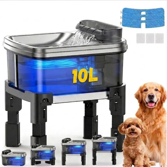 Height Adjustable Pet Water Fountain – 10L Stainless Steel Elevated Dog & Cat Water Dispenser with Filter, 4-Level Height, Ultra-Quiet, No-Spill