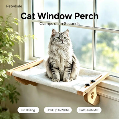 Petwhole Cat Window Perch – Sturdy Wood & Metal Window Sill Bed for Cats & Kittens, Foldable & Adjustable, Universal Fit, Sunbathing Bed