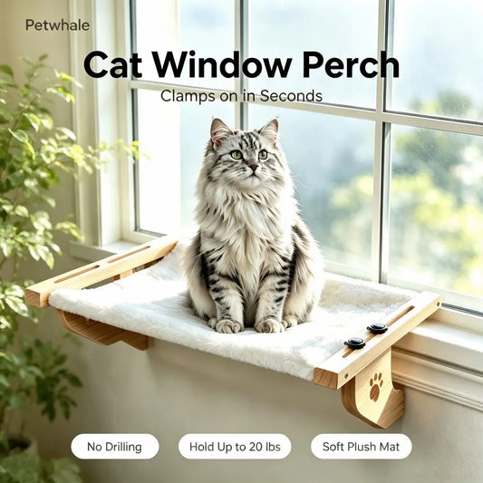 Petwhole Cat Window Perch – Sturdy Wood & Metal Window Sill Bed for Cats & Kittens, Foldable & Adjustable, Universal Fit, Sunbathing Bed