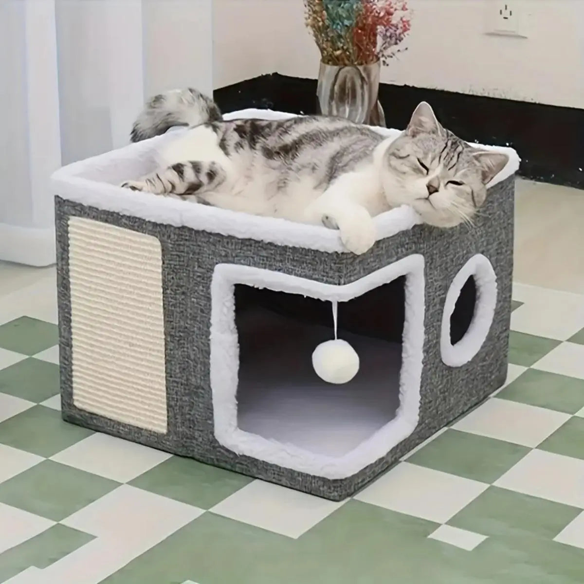 Large Cat Cave Bed with Scratch Pad & Toy Ball – Plush Foldable Cat House for Indoor Cats, Calming Hideaway Condo, Washable