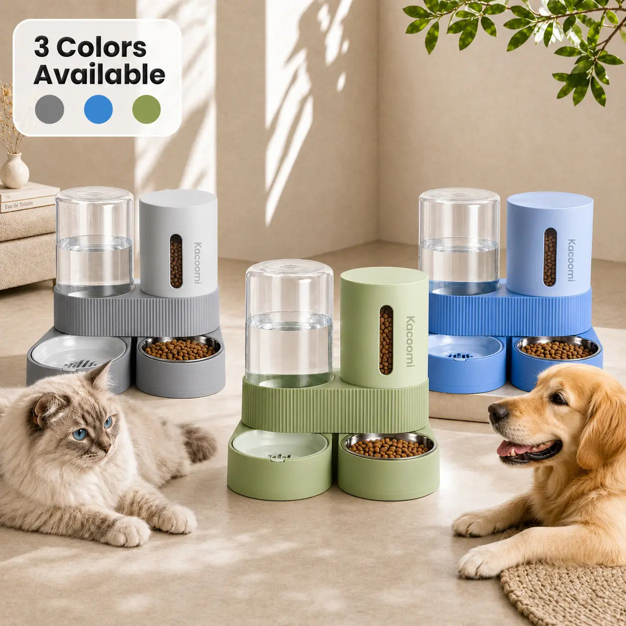 Kacoomi Gravity Feeder & Water Dispenser Set – Large Capacity Automatic Pet Feeder with Stainless Steel Bowl for Cats & Small Dogs, 2-Pack