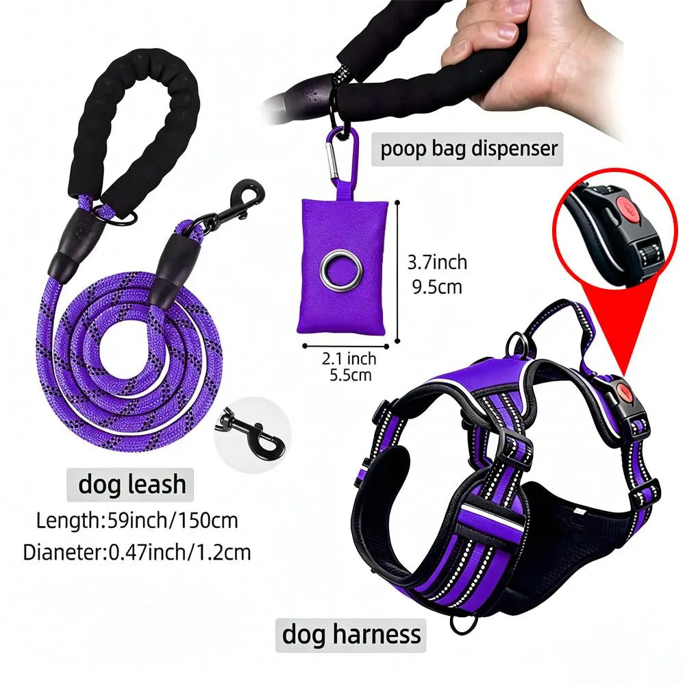 Helety 3-in-1 No-Pull Dog Harness & Leash Set – Dual D-Ring, Locking Buckles, Reflective, Adjustable S-XL, Built-In Poop Bag Holder