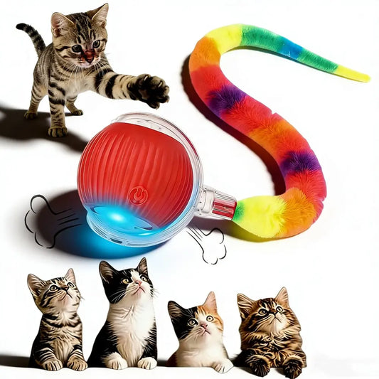Smart Automatic Rolling Ball Cat Toy – USB Rechargeable Interactive Toy with Obstacle Avoidance & Colorful Plush Tail for Cats & Dogs