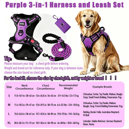 Helety 3-in-1 No-Pull Dog Harness & Leash Set – Dual D-Ring, Locking Buckles, Reflective, Adjustable S-XL, Built-In Poop Bag Holder