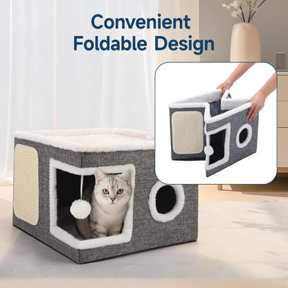 Large Cat Cave Bed with Scratch Pad & Toy Ball – Plush Foldable Cat House for Indoor Cats, Calming Hideaway Condo, Washable