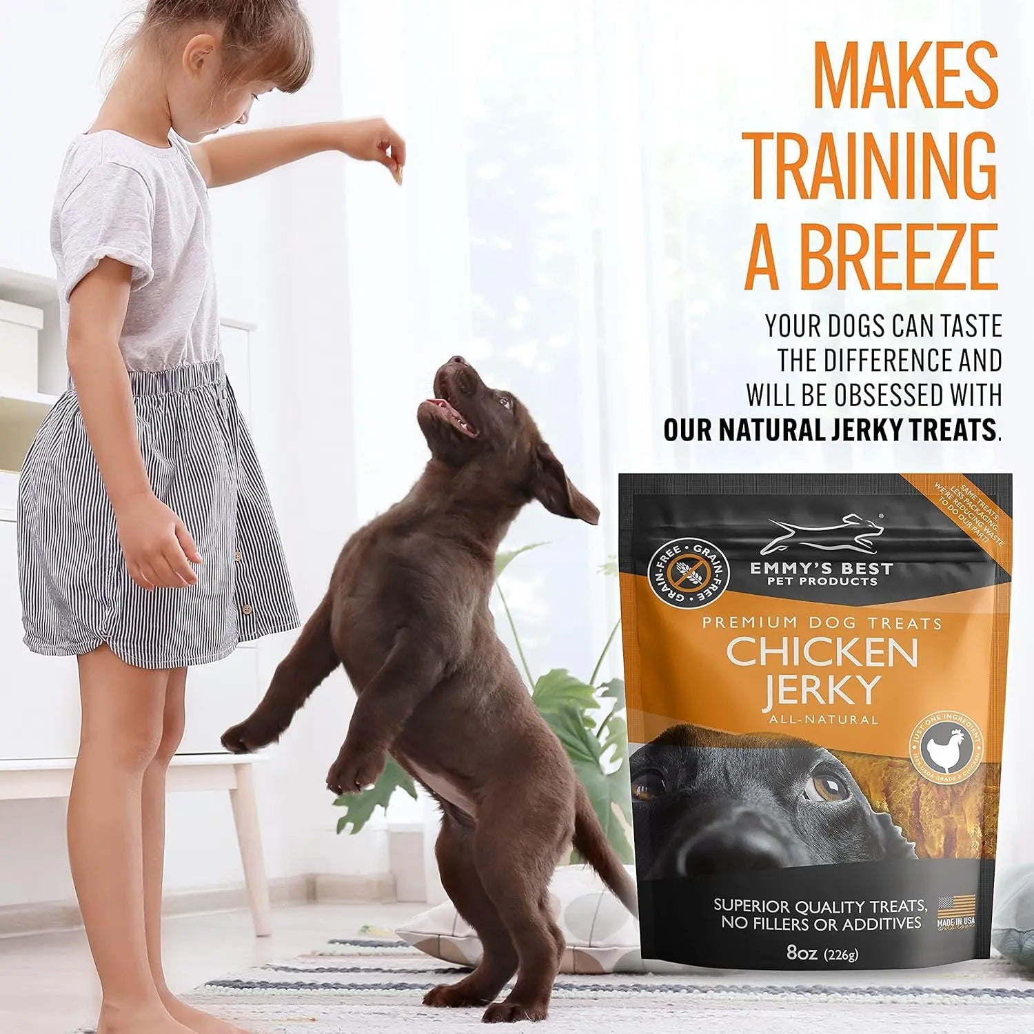 Emmy's Best Chicken Jerky Dog Treats – USA Made, 100% Natural Grain-Free Chicken Strips – High Protein Training Treats for Small, Medium & Large Dogs